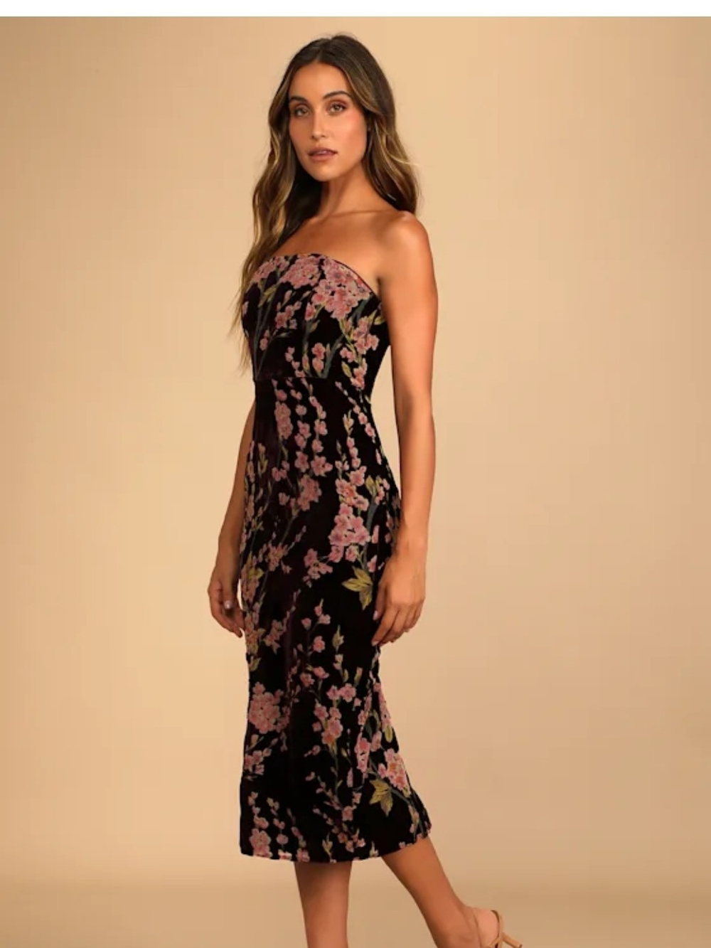 Lulu's Black Strapless Floral Velvet Midi Dress with Pink Blossoms - Picture 2 of 5